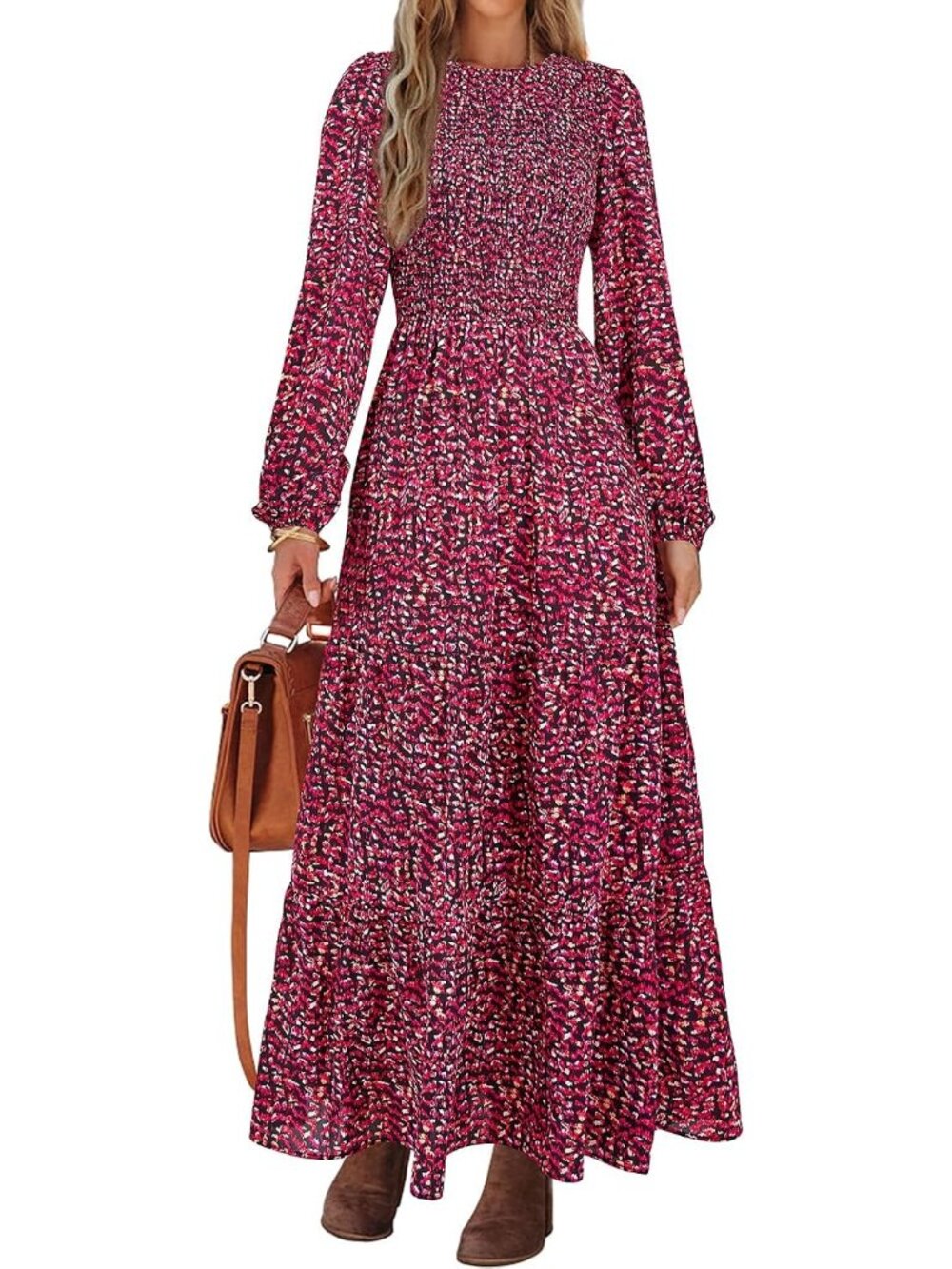 Women's Black Red Crewneck Smocked Tiered Long Sleeve Floral Maxi Fall Dresses